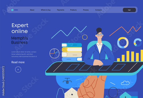 Memphis business illustration. Expert online -modern flat vector concept illustration a female financial consultant at the desktop as a phone screen. Commerce business consulting metaphor.