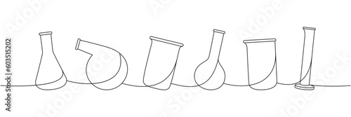 Lab glassware one line continuous drawing. Conical flask, glass beaker, filter funnel, round bottom flask continuous one line illustration.
