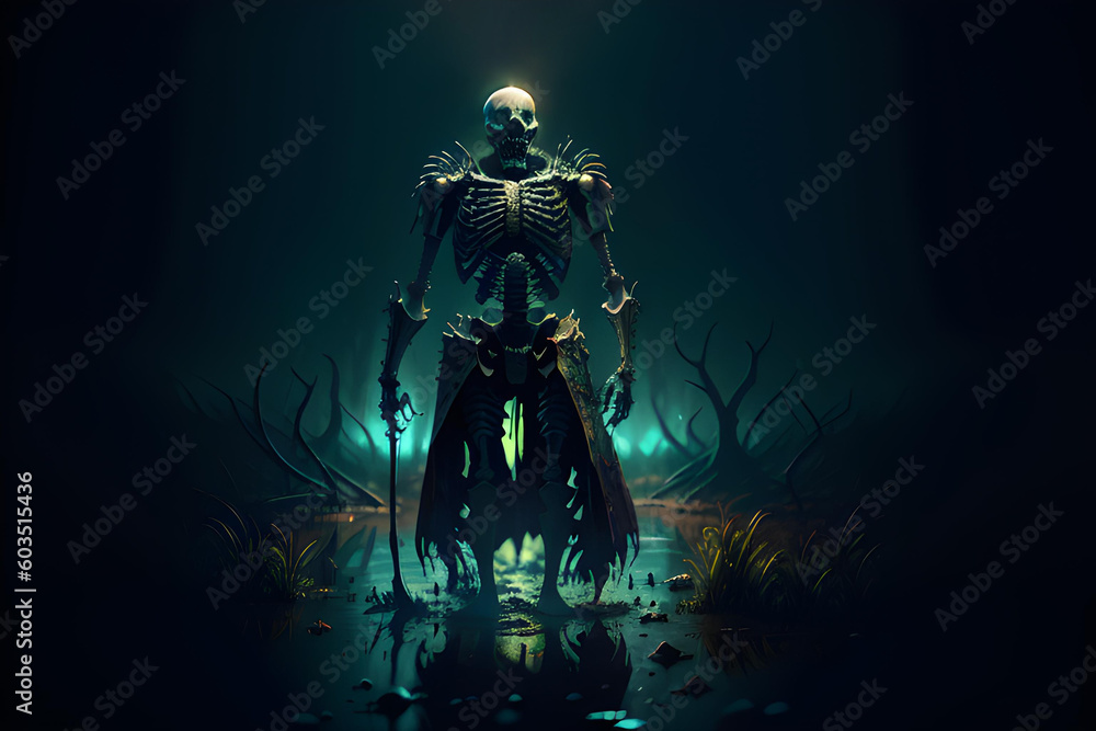 Fototapeta premium Illustration of horror skeleton in dark environment