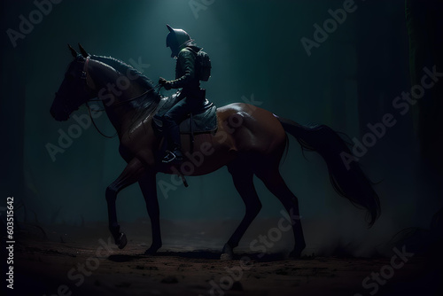 Horse rider in dark forest