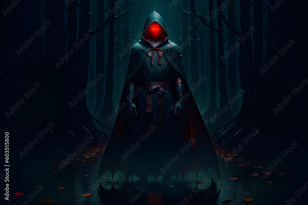 Obraz premium Illustration of hooded character with glowing eyes