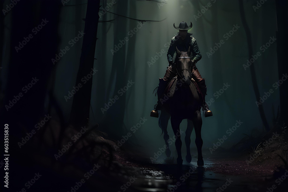 Horse rider in dark forest Horse rider in dark forest