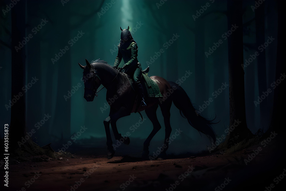 Obraz premium Horse rider in dark forest