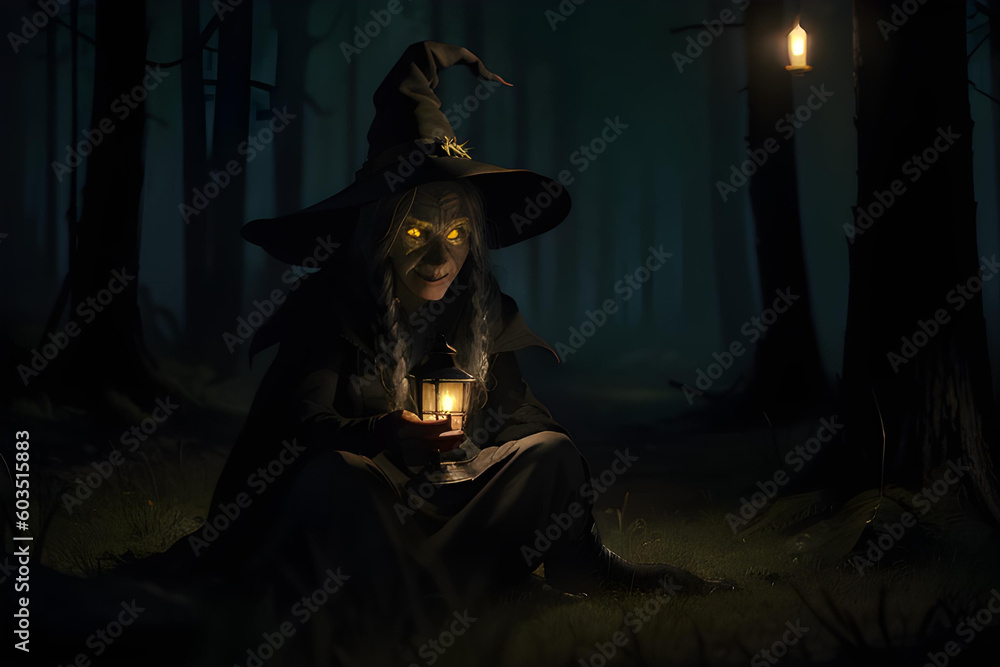 Illustration of witch in deep, dark forest
