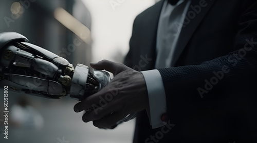 Robot and a Businessman shaking hands up close. Generative AI