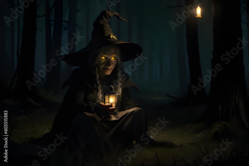 Illustration of witch in deep, dark forest