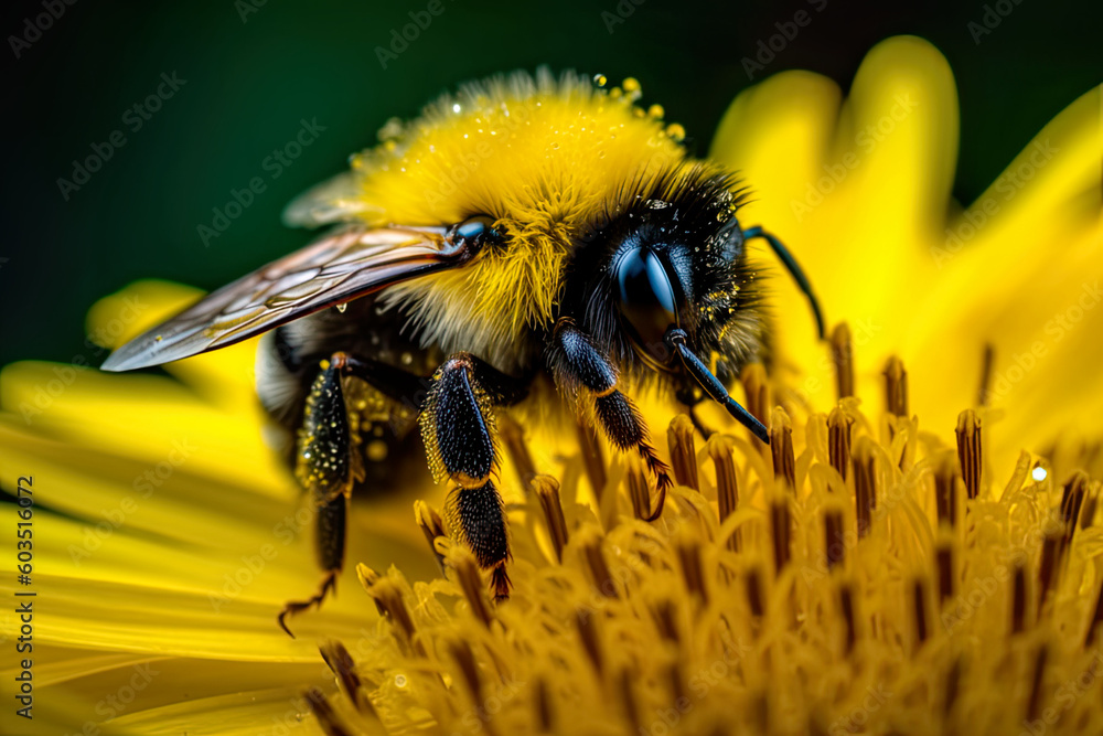 Bee on yellow flower macro view, Generative AI Bee on yellow flower macro view, Generative AI