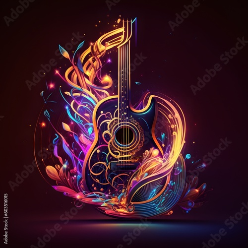 Symphonic Vibrations of Abstract Neon Light: A Stunningly Intricate Glowing Musical Instrument Artwork Design in Digital Art Wallpaper, Set Against a Mesmerizing Space Background Generative AI