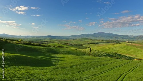 Tuscany aerial landscape of farmland hill country at evening. Italy, Europe, 4k