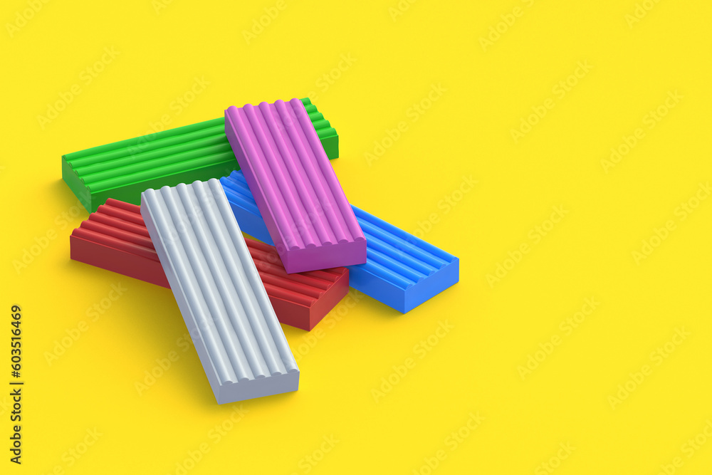 Plasticine bricks on yellow background. Modeling clay. Toy for kids. Preschool education. Copy space. 3d render Plasticine bricks on yellow background. Modeling clay. Toy for kids. Preschool education. Copy space. 3d render