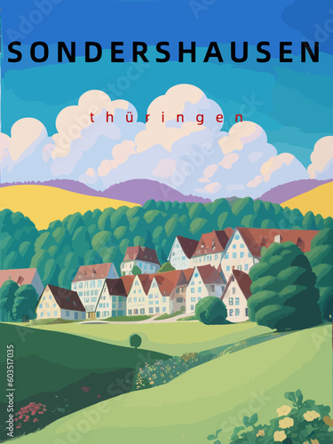 Sondershausen: Retro tourism poster with an German landscape and the headline Sondershausen in Thüringen photo