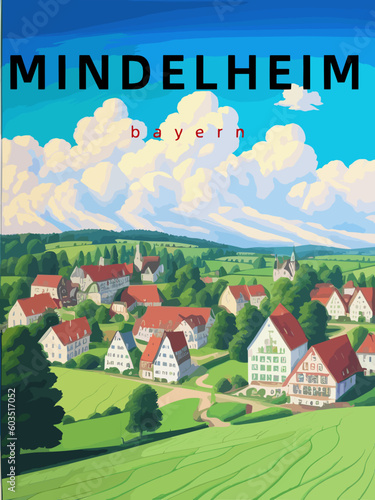 Mindelheim: Retro tourism poster with an German landscape and the headline Mindelheim in Bayern photo