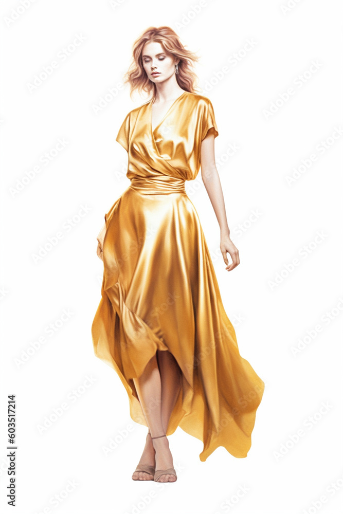 Illustration of a gorgeous young blond girl modeling a long golden dress watercolor, created using generative ai tools Illustration of a gorgeous young blond girl modeling a long golden dress watercolor, created using generative ai tools