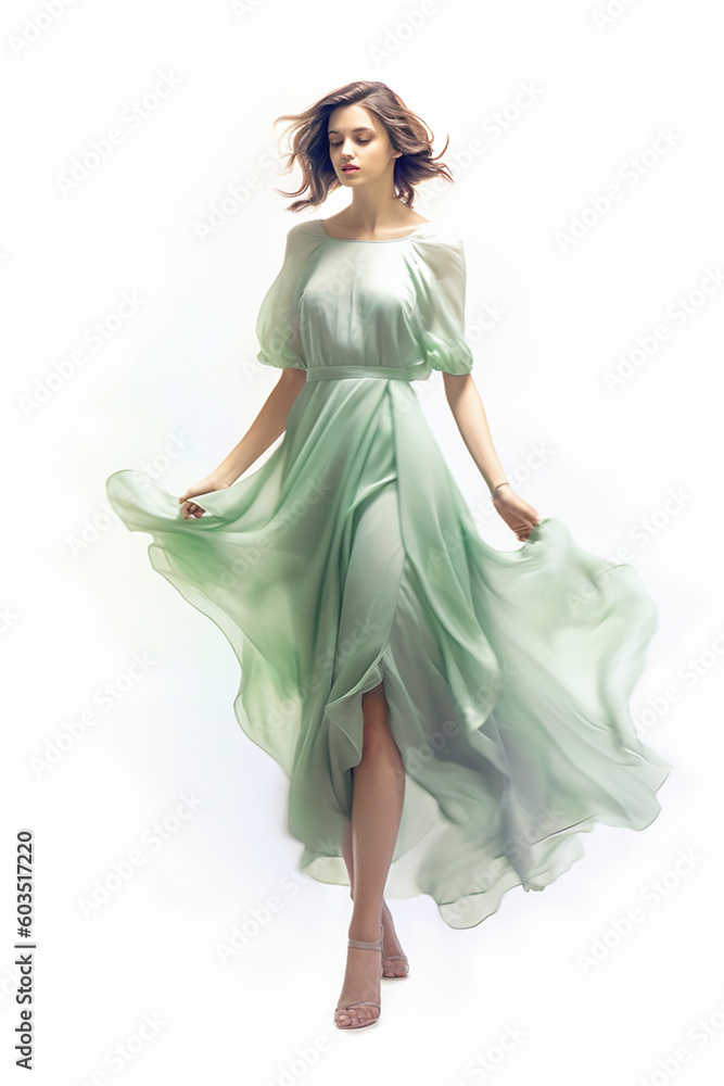 Illustration of a gorgeous young girl modeling a mint green soft dress watercolor, created using generative ai tools Illustration of a gorgeous young girl modeling a mint green soft dress watercolor, created using generative ai tools