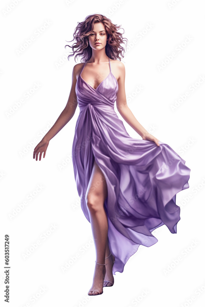 Illustration of a gorgeous young brunette woman modeling a purple dress watercolor, created using generative ai tools Illustration of a gorgeous young brunette woman modeling a purple dress watercolor, created using generative ai tools