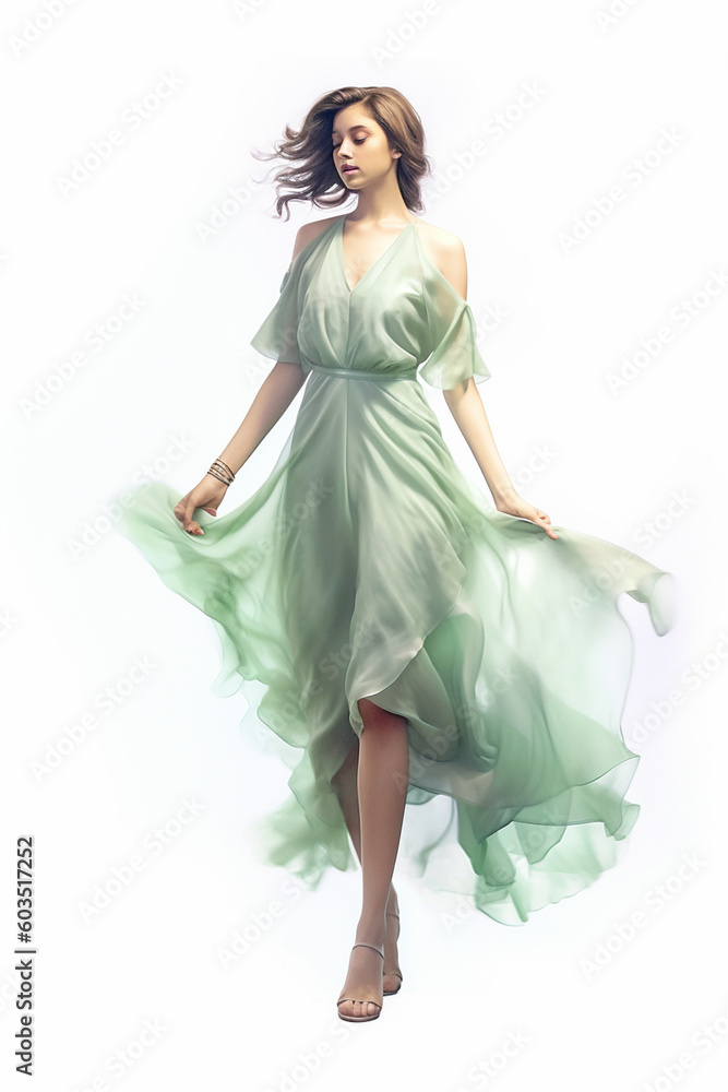Illustration of a gorgeous young girl modeling a mint green soft dress watercolor, created using generative ai tools Illustration of a gorgeous young girl modeling a mint green soft dress watercolor, created using generative ai tools