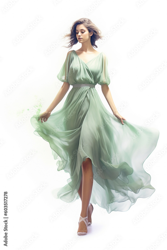 Illustration of a young brunette gorgeous girl modeling a green dress watercolor, created using generative ai tools