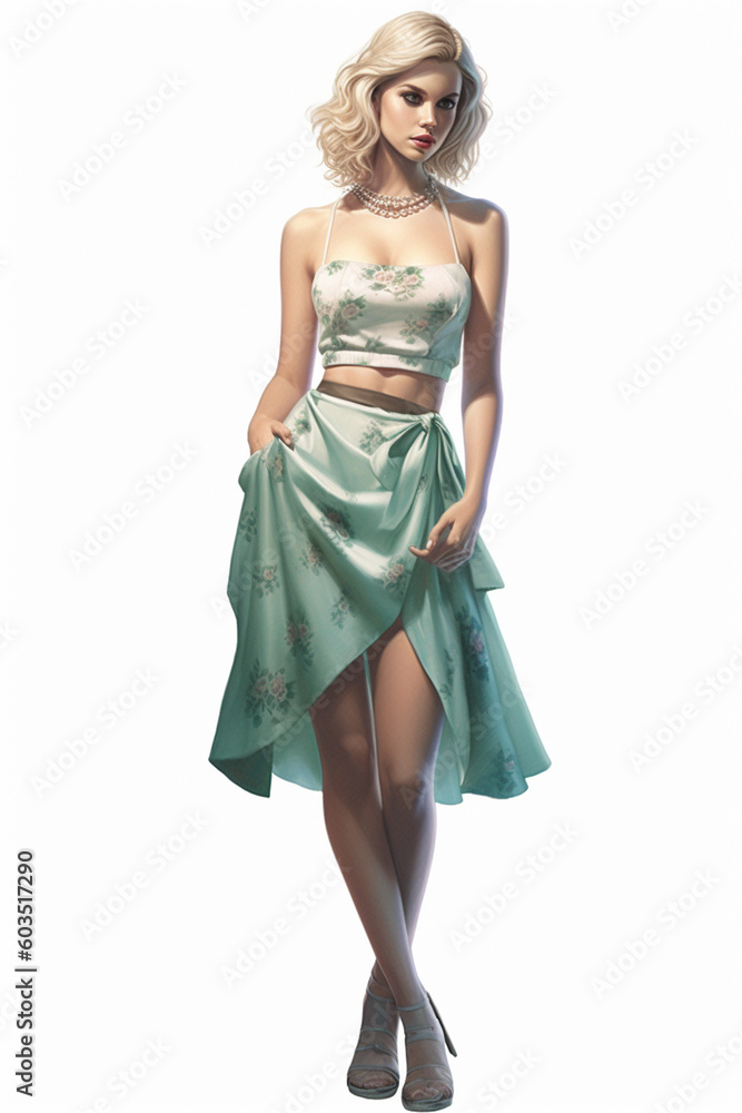 Illustration of a beautiful young blonde woman modeling a green floral and white top dress watercolor, created using generative ai tools Illustration of a beautiful young blonde woman modeling a green floral and white top dress watercolor, created using generative ai tools