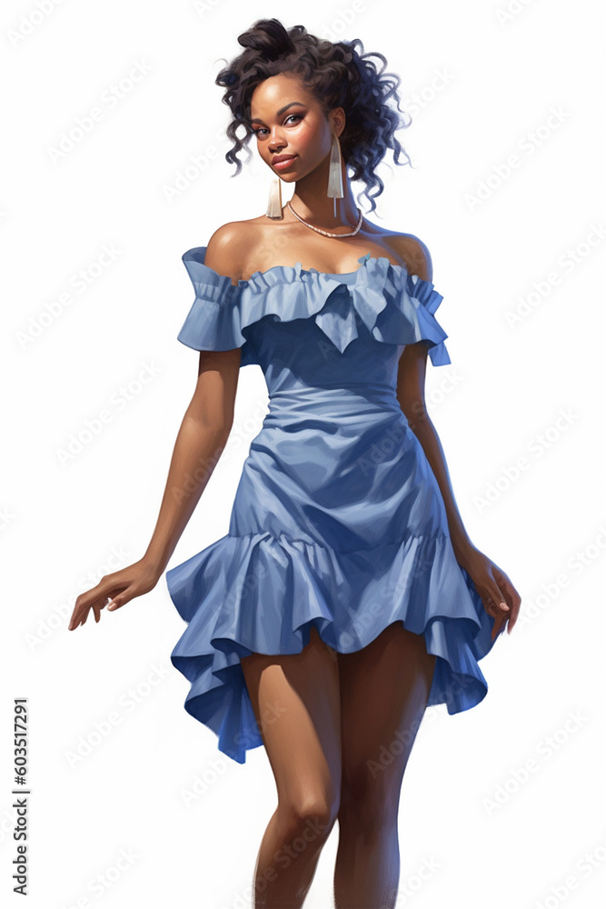 Illustration of a beautiful young african american woman modeling a blue dress watercolor, created using generative ai tools Illustration of a beautiful young african american woman modeling a blue dress watercolor, created using generative ai tools