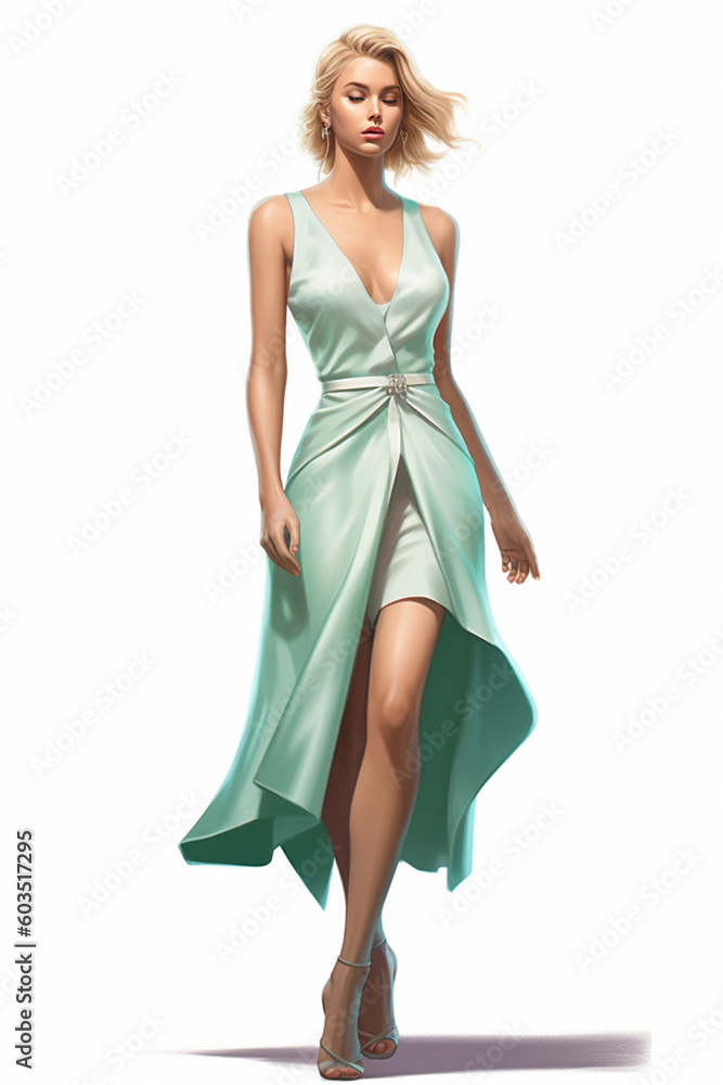 Illustration of a beautiful young blonde woman modeling a long mint green dress watercolor, created using generative ai tools Illustration of a beautiful young blonde woman modeling a long mint green dress watercolor, created using generative ai tools