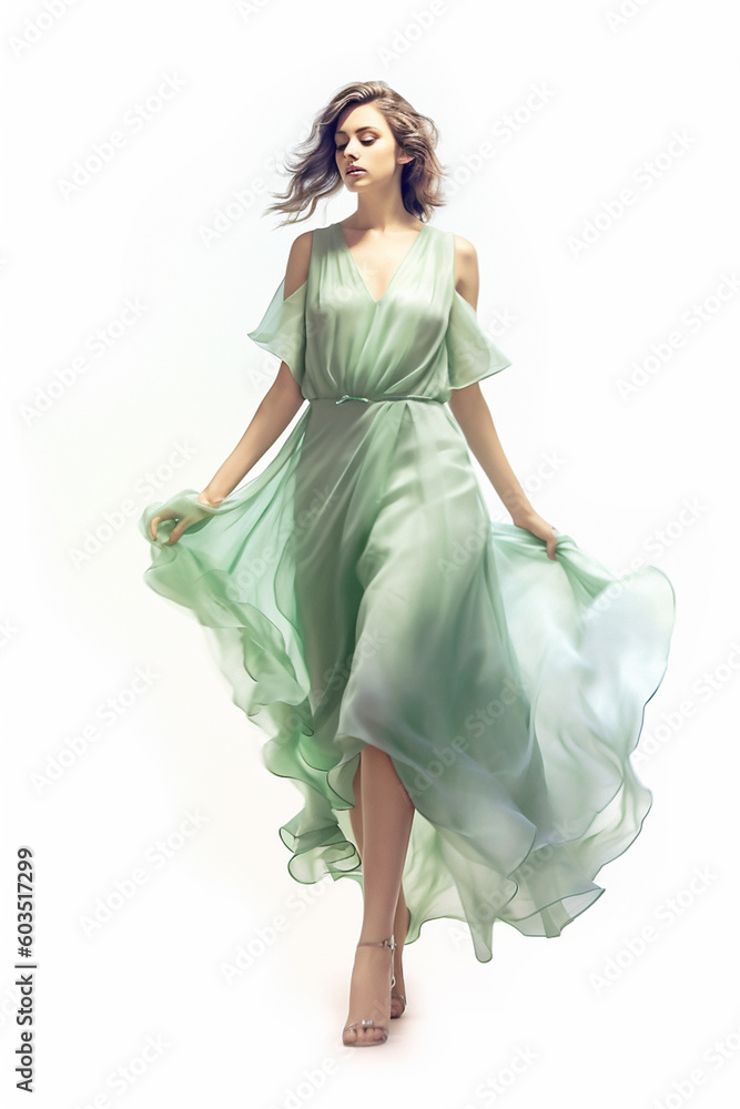 Illustration of a beautiful young brunette girl modeling a mint green soft dress watercolor, created using generative ai tools Illustration of a beautiful young brunette girl modeling a mint green soft dress watercolor, created using generative ai tools