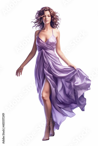 Illustration of a gorgeous young brunette woman modeling a purple dress watercolor, created using generative ai tools