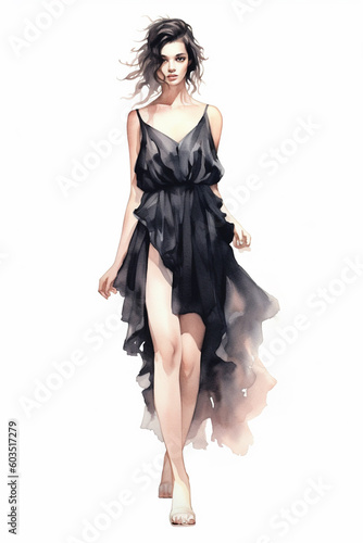 Illustration of a young brunette gorgeous girl modeling a black soft dress watercolor, created using generative ai tools