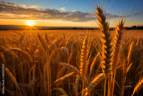 beautiful view of a golden wheat spike in a field, highlighted by the warm rays of the setting sun. Emphasizes the magnificence of nature and the simplicity of life. Generative AI Technology