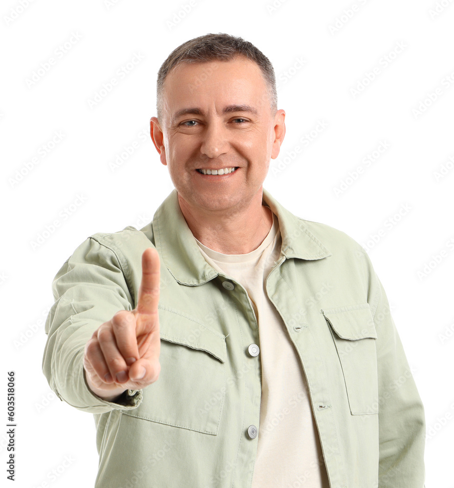 Mature man using virtual screen on white background Mature man using virtual screen on white background