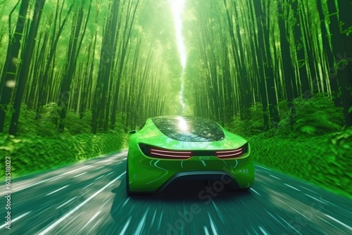 Futuristic, modern car driving on a street in nature - Generative AI photo