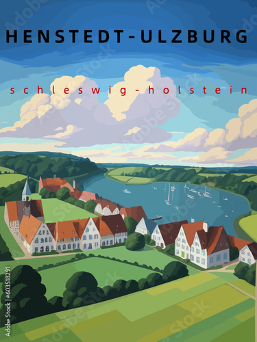 Henstedt-Ulzburg: Retro tourism poster with an German landscape and the headline Henstedt-Ulzburg in Schleswig-Holstein