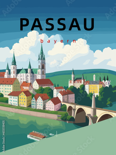 Passau: Retro tourism poster with an German landscape and the headline Passau in Bayern