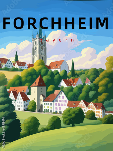 Forchheim: Retro tourism poster with an German landscape and the headline Forchheim in Bayern