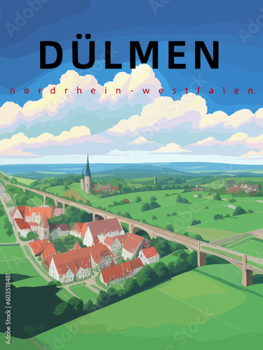 Dülmen: Retro tourism poster with an German landscape and the headline Dülmen in Nordrhein-Westfalen photo