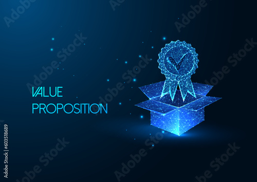 Unique value proposition, competitive advantage concept with open box and excellence award badge