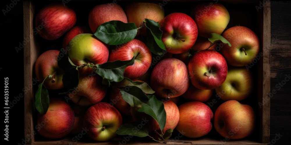 Wooden box full of lovely ripe red apples. Photorealistic illustration created with Generative AI