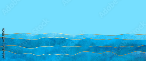 Abstract sea landscape art vector watercolor background with blue waves and golden lines. Sea design for interior, flyers, poster, cover, invitation, banner. Modern hand draw painting.
