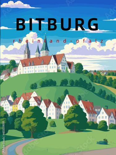 Bitburg: Retro tourism poster with an German landscape and the headline Bitburg in Rheinland-Pfalz photo