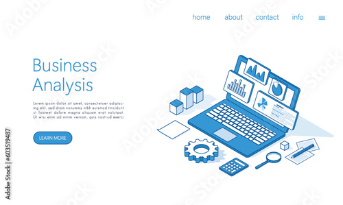 Landing page template business analysis concept illustration. Isometric vector.