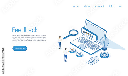 Landing page template people characters giving five star feedback. Clients choosing satisfaction rating and leaving positive review. illustrator vector. © EmBaSy