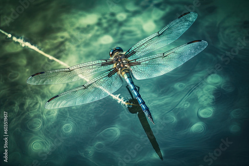  a dragonfly hovering over a pond, Generative AI