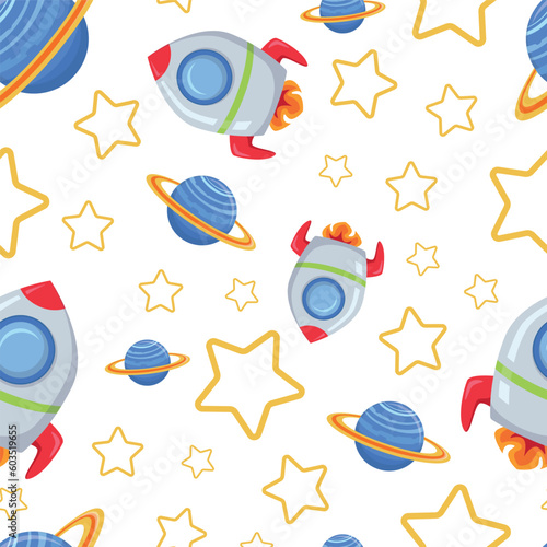 Childish seamless pattern with spaceship and stars. Hand-drawn spatial elements seamless background. Cosmic background. Space doodle illustration. Vector illustration. Seamless background with cartoon