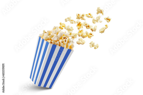 Obraz na płótnie Popcorn flying out of blue white striped paper box isolated on white, transparent background, PNG, with copy space