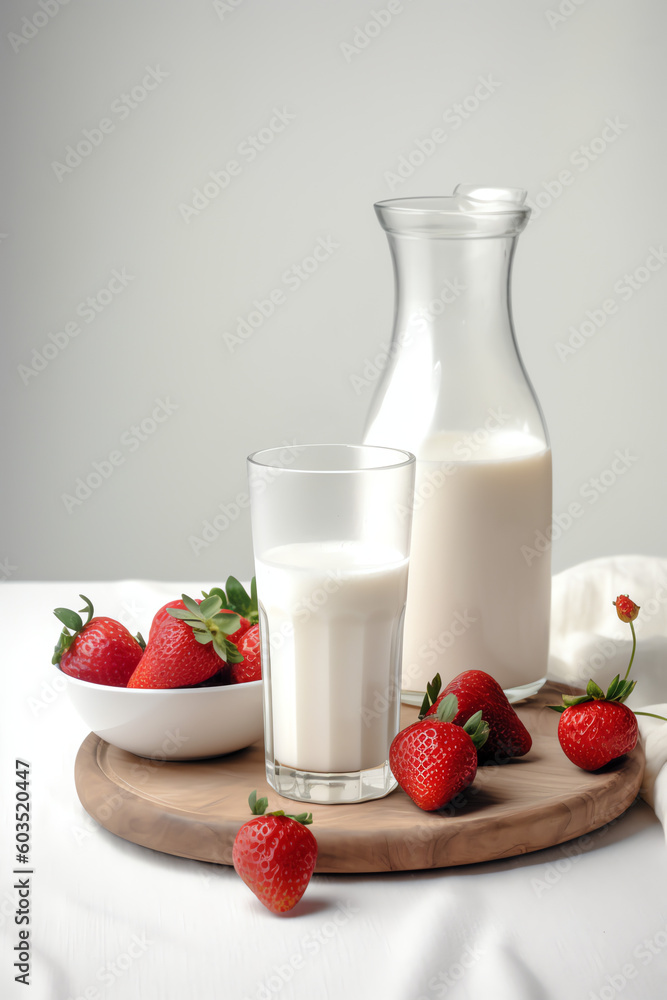 glass of milk and strawberries on a table glass of milk and strawberries on a table