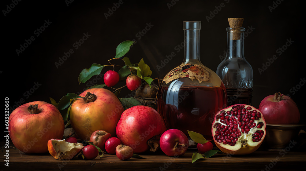 a still life of apples and pomegranates with a bottle a still life of apples and pomegranates with a bottle