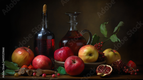 a still life of apples and pomegranates with a bottle