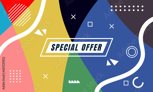 Colorful Abstract Memphis Fluid and Geometric Background. Multi Color Background Template. Modern Design Template For Your ad Banner, Poster, Cover, Web page, Brochure, and flyer. Vector Eps 10