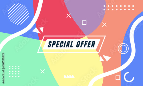 Colorful Abstract Memphis Fluid and Geometric Background. Multi Color Background Template. Modern Design Template For Your ad Banner, Poster, Cover, Web page, Brochure, and flyer. Vector Eps 10