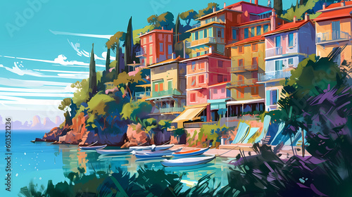 Canvastavla Illustration of beautiful view of Portofino, Italy