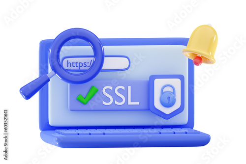3d HTTPS Protected connection Secure protocol Security communication online networks concept Safe browsing Internet surfing and data sertificate encryption Minimal 3D rendering illustration Cyber text